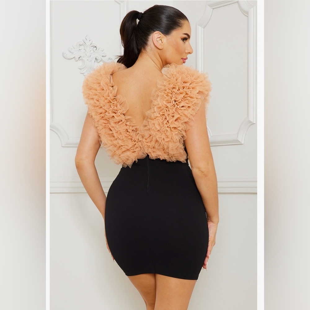 NWOT -- Black Bodycon Mini Dress with Dramatic Peach Ruffles - Picture 2 of 2
